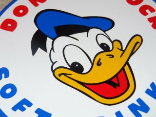 Vintage Donald Duck Soft Drinks 4 " Porcelain Metal Soda Pop Walt Disney Gas Sign