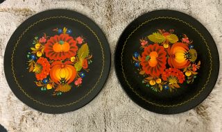 Vintage Russian Lacquer Flowered Hand Painted Collectors Plate Set Of 2