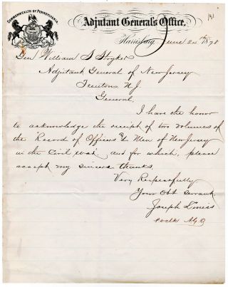 Adjutant General’s Office Of Pennsylvania 1878 Signed Document To Gen.  Stryker