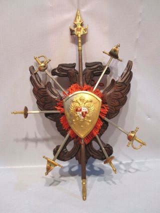 Vintage Mini Ornate Swords Metal On Wood 2 Head Falcon Plaque Shield Of Arms