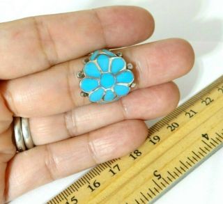 Vintage Zuni Marked Sterling Silver Inlay Turquoise Stone Flower Ring Size 6.  25