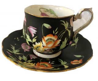 Vintage English Royal Albert Bone China Teacup Cup & Saucer - Black Floral Gold