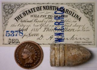 1860s Confederate Era $30 Intrest Note,  Civil War Bullet,  1865 One Cent 1c Coin Nr