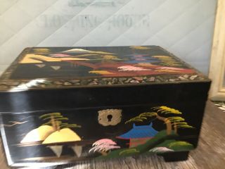 Vintage Japanese Tilso Jewelry & Music Box Hand Painted Black Lacquered