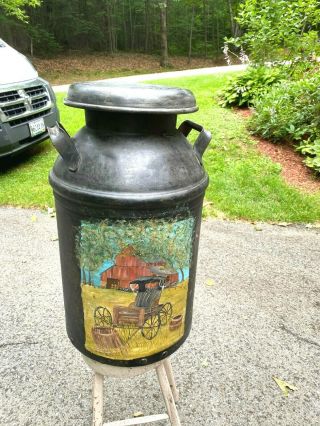 Vintage 10 Gallon Steel Milk Can With Farm Scene - Signed Hood Cover