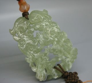 Fine Vtg Chinese Carved Celadon Jade Imperial Dragon Necklace Pendant Tassel