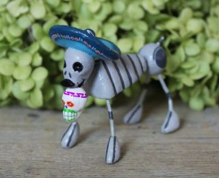 Boy Dog Skeleton Sugar Skull & Sombrero Day Of The Dead Handmade Mexico Folk Art