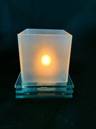 Vintage Stacked Light Green Glass Panels Topped W/ Square Frosted Candle Holder
