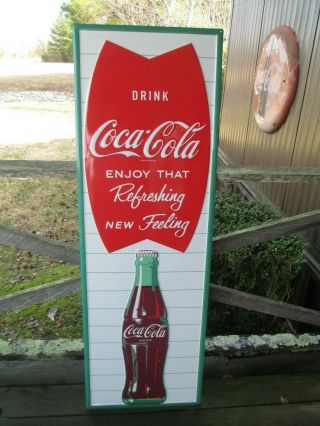 Coca - Cola Tall 53 Inch Embossed Steel Sign Fishtail Arciform Refreshing
