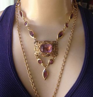 Vintage Necklace Lavender Rhinestone Filigree Chandelier Pendant Layered Chains