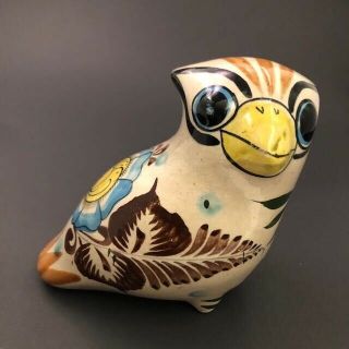 Vintage Tonala Owl Mexican Folk Art Pottery Signed Cat Tonala Hand Painted Bird