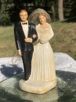 1940’s Chalkware Bride And Groom Wedding Cake Topper Pleated Gown