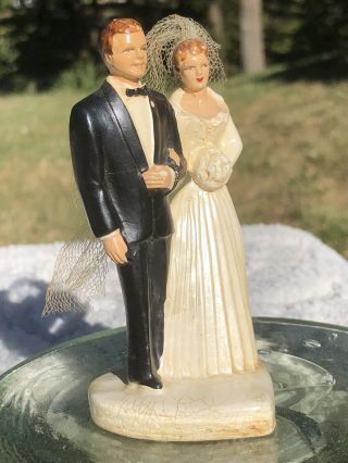 1940’s Chalkware Bride and Groom Wedding Cake Topper Pleated Gown 2