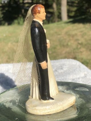 1940’s Chalkware Bride and Groom Wedding Cake Topper Pleated Gown 3