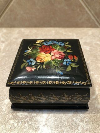Vintage Russian Black Lacquer Hand Painted And Signed Trinket Box Floral
