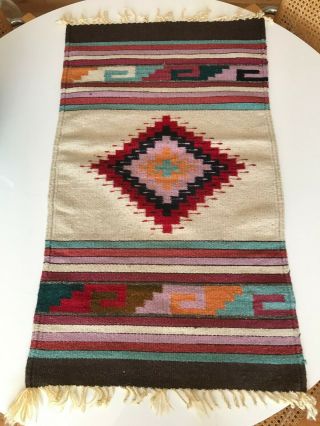 Atq Vintage Mexican Saltillo Serape Chimayo Wool Weaving Rug Apx 20 " X 36 " Nr