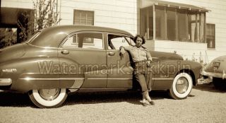 1940s Era Photo Negative Car And Cool Gal In Blue Jeans A Simple Summer Hang Out