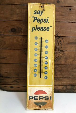 Vintage Pepsi Thermometer Say " Pepsi Please " Advertising Sign Metal Old
