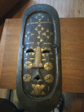 Vintage West African Tribal Wood Brass Bronze Bead Ceremonial Wall Mask