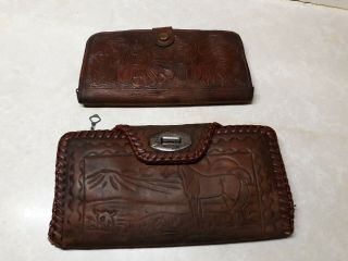 2 Vintage Tooled Leather Wallets One Made In Mexico