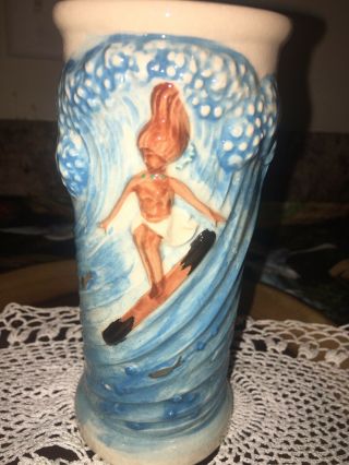 Vintage Surfing Topless? Hula Girl Ceramic Tumbler Vase Tiki Mug Glass Hawaiian