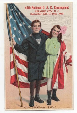 1910 Postcard Of Boy & Girl W/ Flag From 44th G.  A.  R.  Encampment Atlantic City Nj