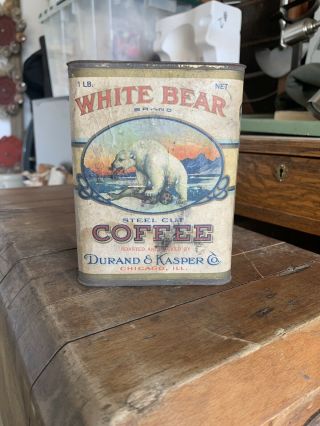 Antique White Bear Coffee Tin Paper Label Chicago Durand & Kasper Co