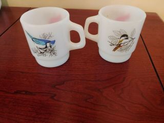2 Vintage Fire - King White Milk Glass Coffee Cup Mugs With Birds