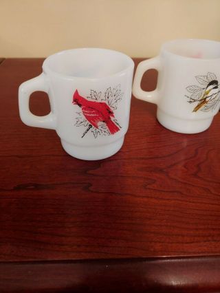 2 Vintage Fire - King White Milk Glass Coffee Cup Mugs with Birds 3