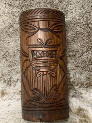 Vintage Hand Carved Wooden Hawaiian Tiki Mug/cup - 6 7/8 " Tall X 3 " Wide
