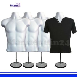 4 White Mannequin Male Torsos W/4 Stands,  4 Hangers 4 Men 