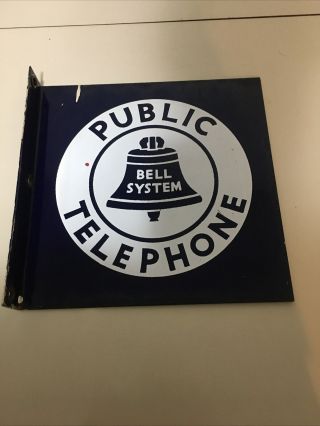 Vintage Porcelain Double Sided Flange Bell System Public Telephone Sign