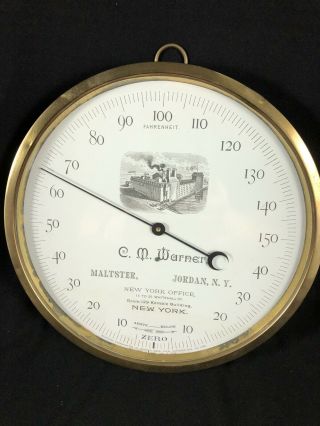 Vintage Standard Thermometer Round 9 " Maltster C.  M.  Warner Jordan Ny Advertising