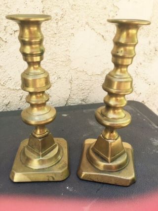 Vintage Pair Antique Brass Push Up Candle Stick Holders 8 " Unusual Design