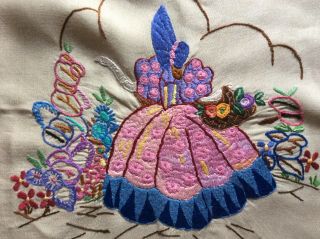 Vintage Embroidered Crinoline Ladypanel On Irish Linen Cushion Cover