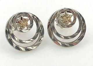 Vintage.  925 Sterling Silver 2 - Tone Petite Hammered Double Circle,  Star Earrings
