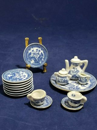 Vintage 18 Pc Blue & White Miniature China Tea Set