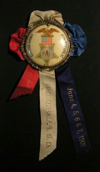 1901 Gar Encampment Badge Medal Ribbon Sioux Falls Sd South Dakota Civil War