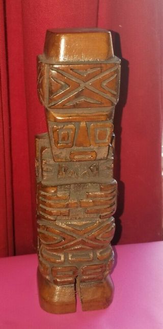 Cool Vintage Hand Carved Dark Wood Tiki Totem Pole Statue 7 1/2 " Tall