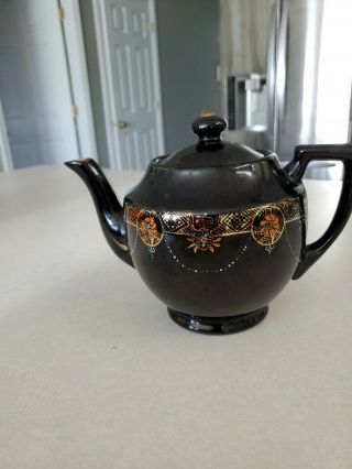 Mg Japan Black Moriage Hand Painted Tea Pot Gold Trim Floral Vintage Euc