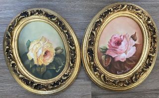 (2) Vintage Floral Rose Canvas Framed Wood Gesso Oval 8x10 Painting