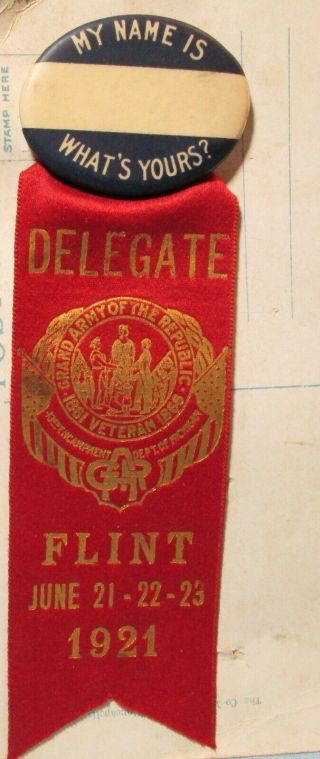 1921 Michigan Civil War Gar Medal Badge Ribbon Flint