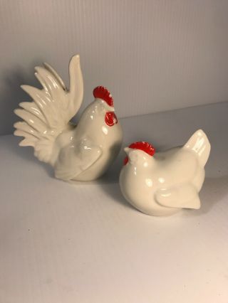 Rare Set Pair White Porcelain Rooster & Hen Chickens - Vintage Antique