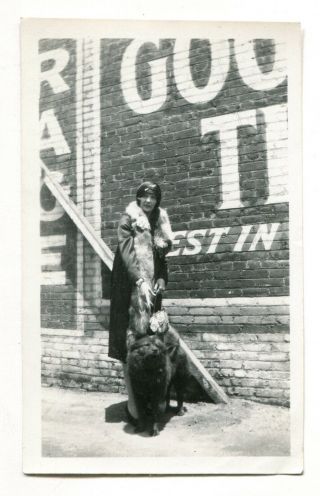 Fancy Woman In Fur Coat With Black Chow Chow Dog Vtg B/w Photo Snapshot