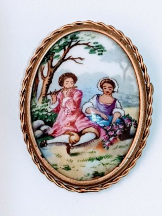 Vintage Limoges Made In France Porcelain Cameo Young Lovers Courting Brooch Pin