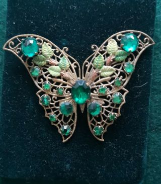 Vintage Jewellery Czech Filigree Butterfly Brooch With Green Glass Stones