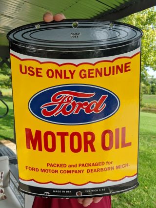 1932 Large Old Ford Motor Oil Can Porcelain Enamel Advertising Sign Die Cut
