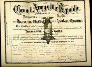 Gar Post Transfer Card For Darius Peirce 17th Ma Volunteer Infantry Civil War