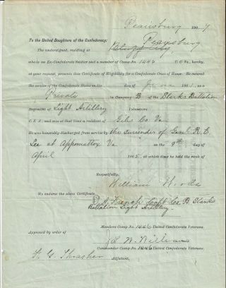 French’s Battery,  Ucv,  Confederate Southern Cross Of Honor Document