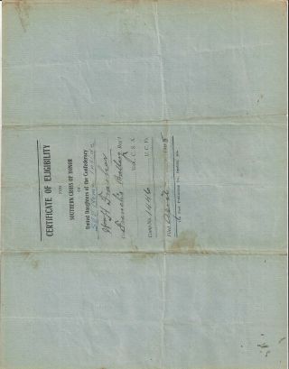 Starks Battalion,  UCV,  Confederate Southern Cross of Honor Document 2